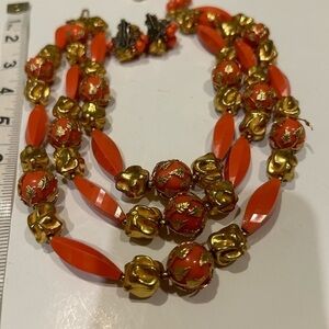 AWESOME VINTAGE TRIPLE LAYER NECKLACE & EARRINGS SET ORANGE & GOLD BEADED SET